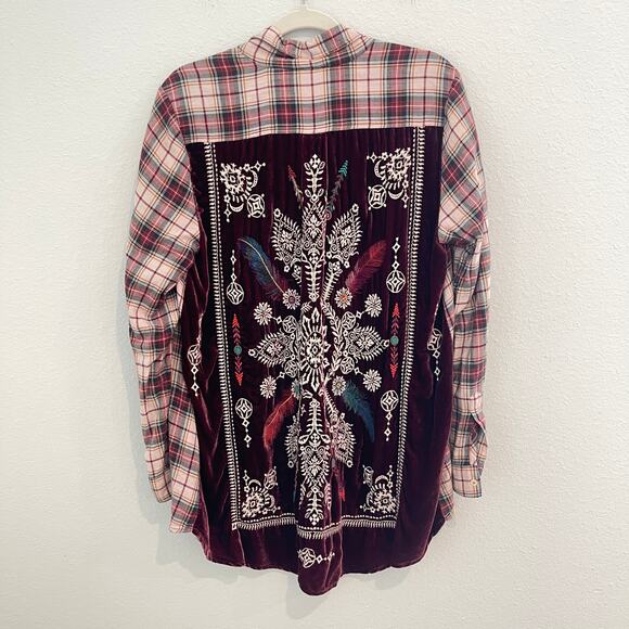 Johnny Was Tops - Johnny Was 3J Workshop Lorie Boho Plaid Button Down Embroidered Velvet Back Sz M